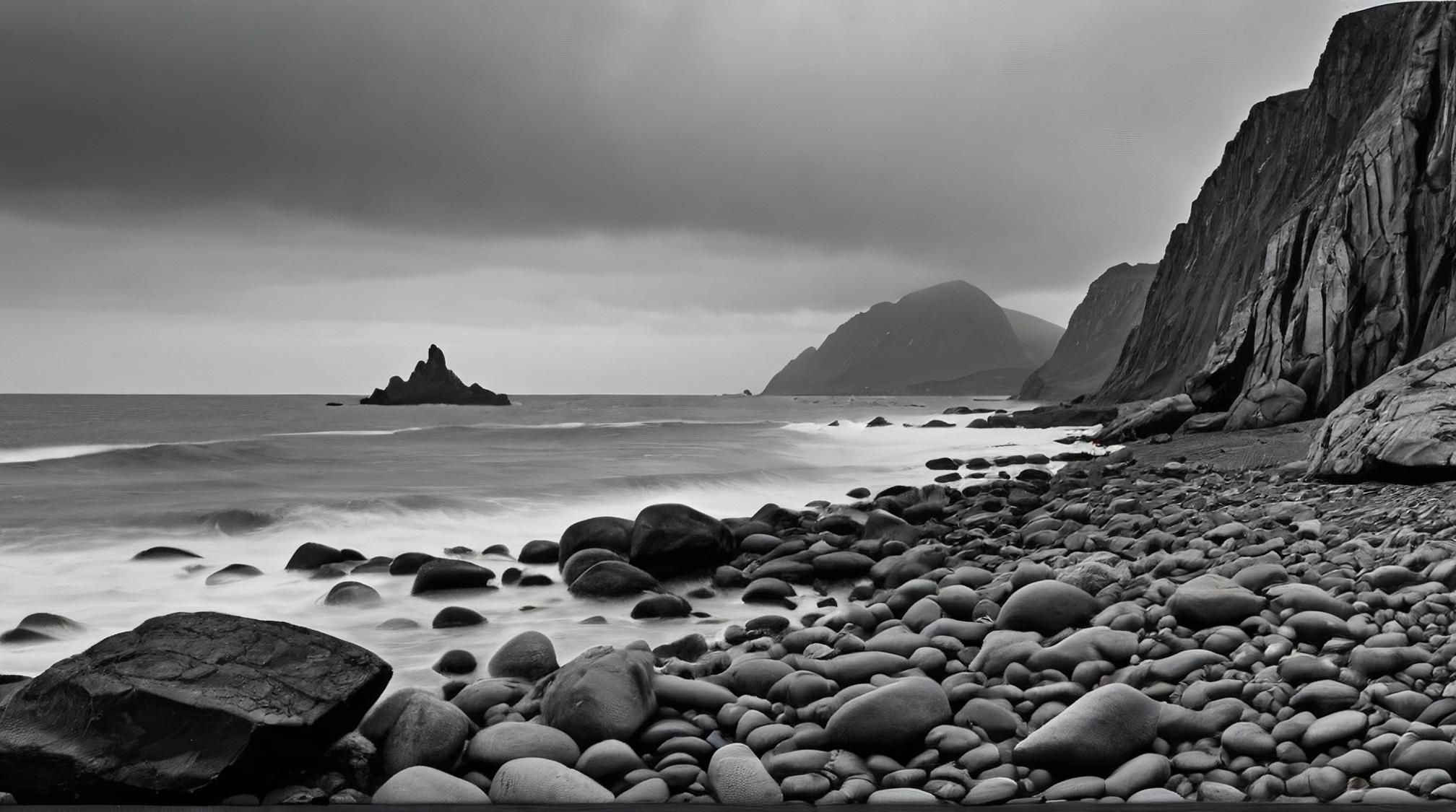 by Ilse Bing and Ando Fuchs , landscape of a Rocky Shoreline Glacial Moraine , at Overcast, realism