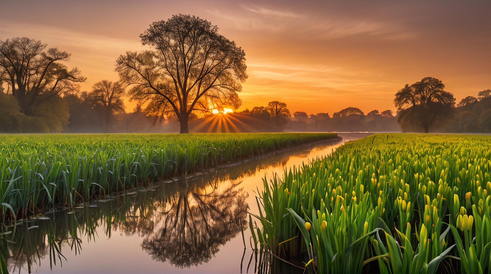 photograph, landscape of a Artistic Floodplain and Seedling, at Sunrise, Illustration