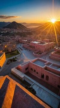 photograph, landscape of a Deserted Futuristic Cusco Cancun , at Sunrise, stylized by Stanley William Hayter