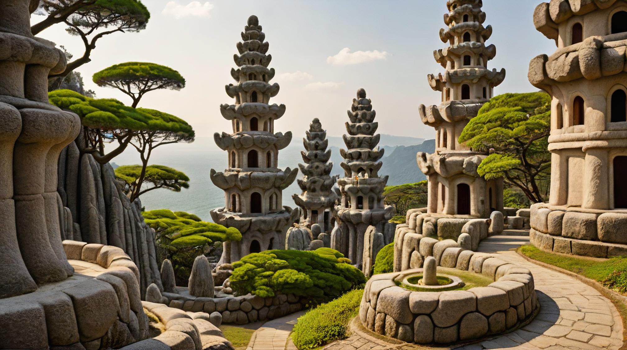 landscape of an elegant kawaii Stone Forest, Macanese background, Cozy, Islandpunk