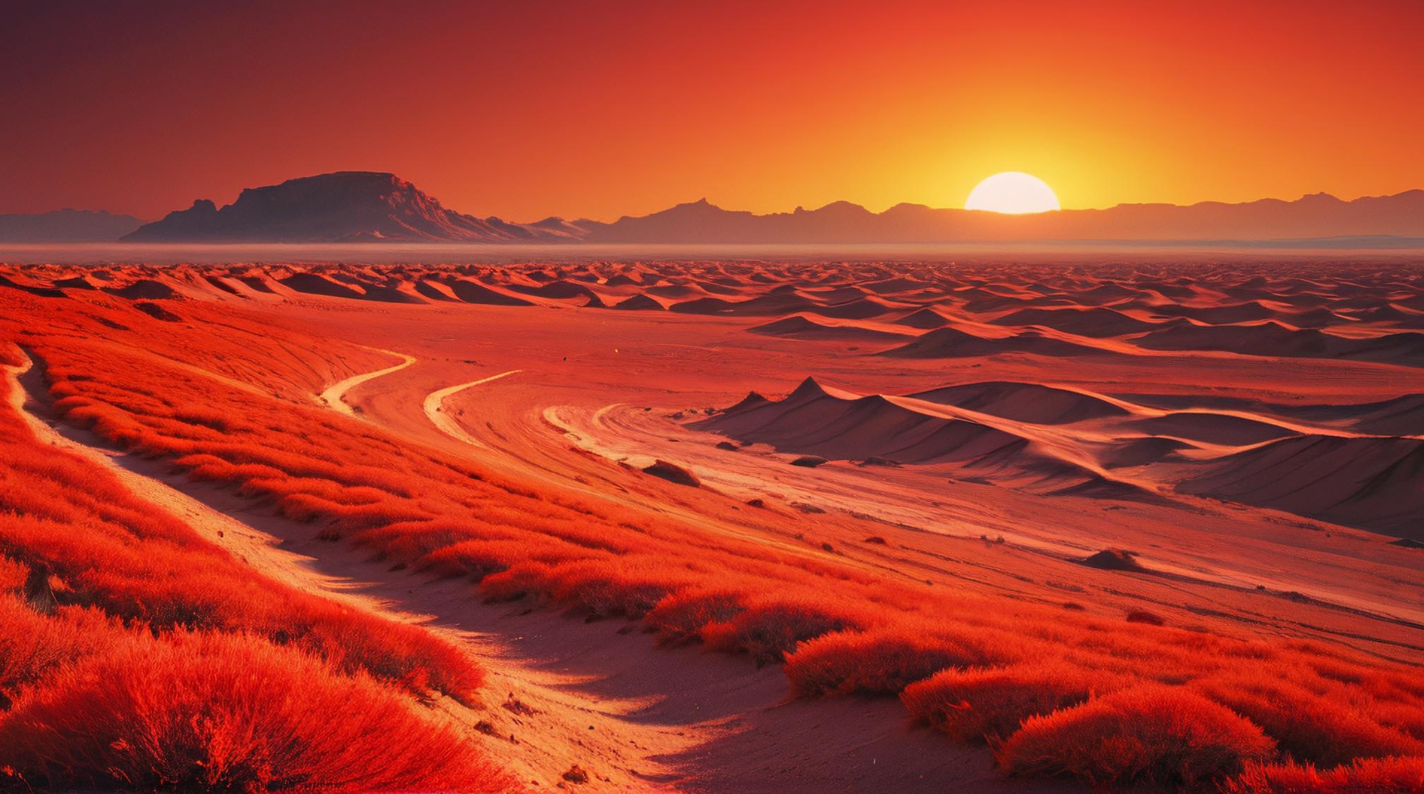 photograph, landscape of a Futuristic Emberstone Fields of the Fiery Plains and Desert mirage, Illustration, majestic