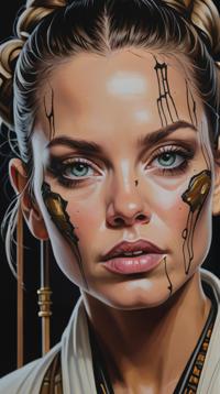 by Sandra Chevrier, Michael Carson, crowded roots, close up of a Profound Female Jedi