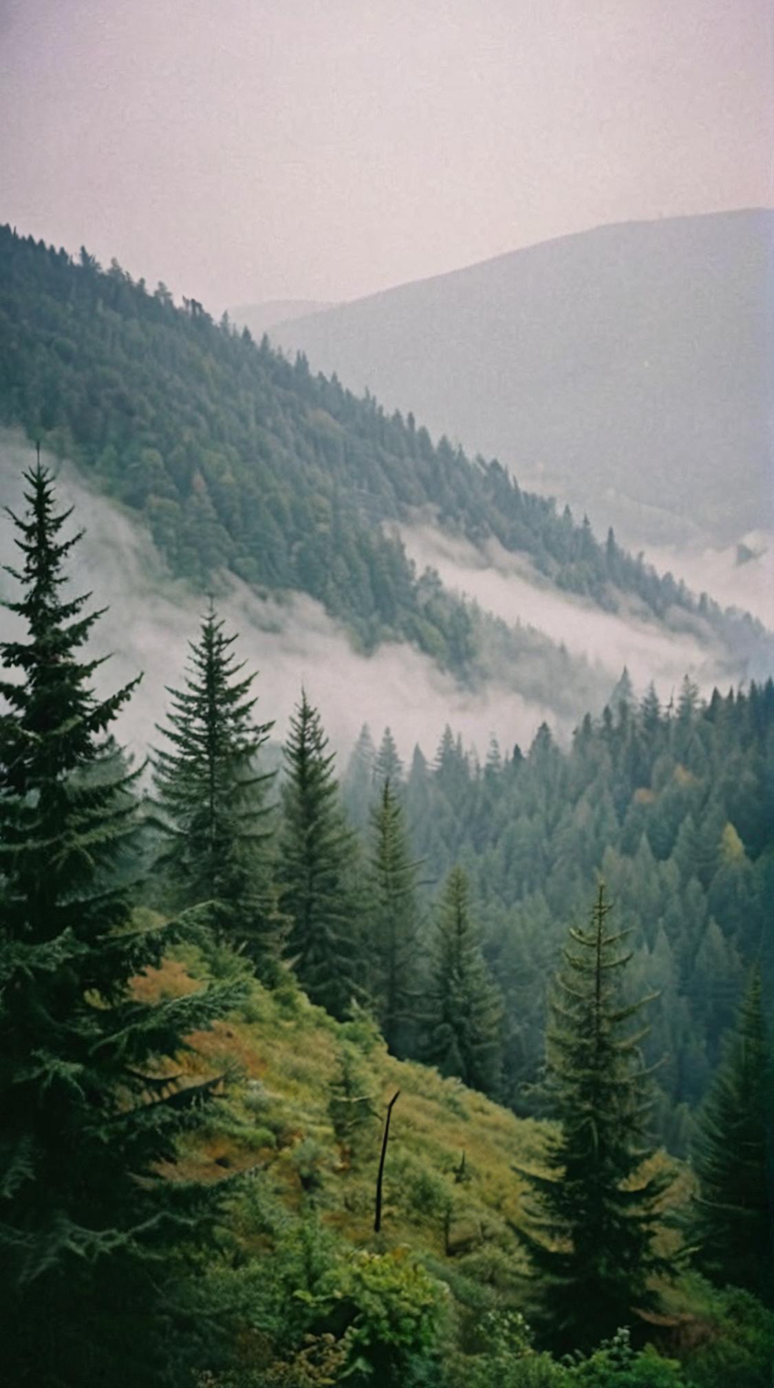 photograph, landscape of a Historical Magnificent Tymeo Mountains and Mystical forest clearing, Foggy conditions, Heterotype
