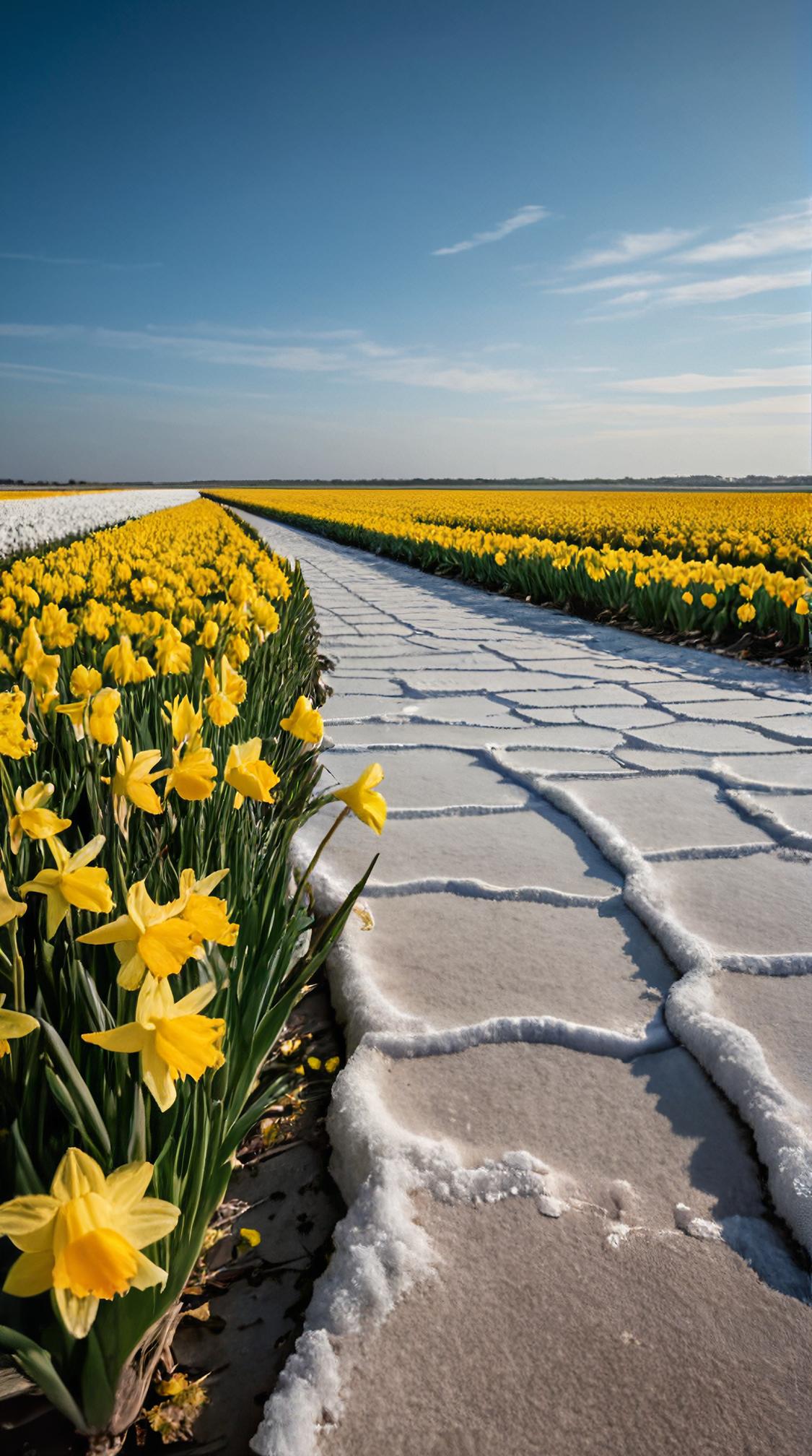 designed by Cyril Pontet, photograph, landscape of a Realistic Salt Pan and Daffodil glade, Wind Frost theme