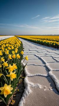 designed by Cyril Pontet, photograph, landscape of a Realistic Salt Pan and Daffodil glade, Wind Frost theme