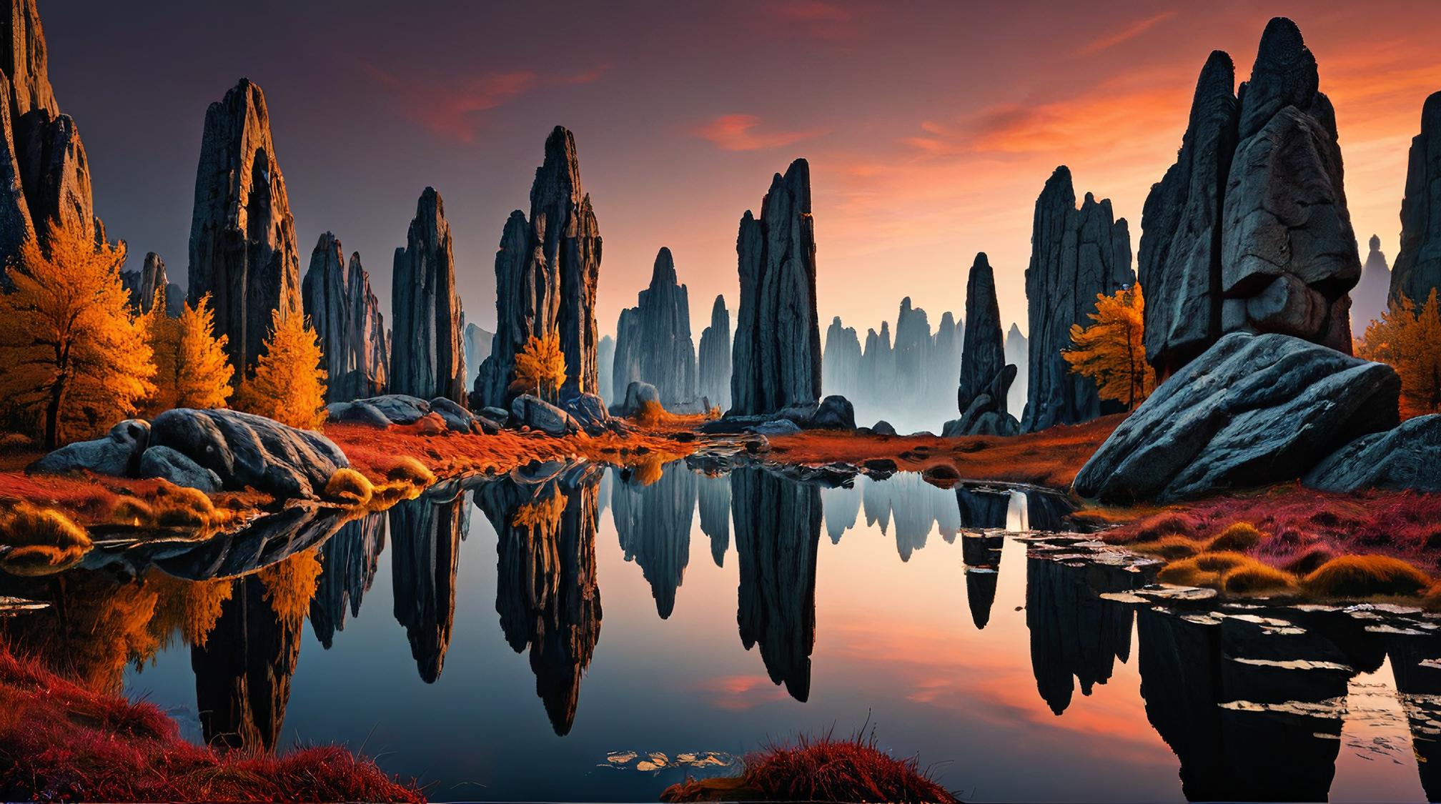 designed by Stefan Gesell , landscape of a Depressing Stone Forest, fall pond, Clear skies