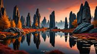 designed by Stefan Gesell , landscape of a Depressing Stone Forest, fall pond, Clear skies