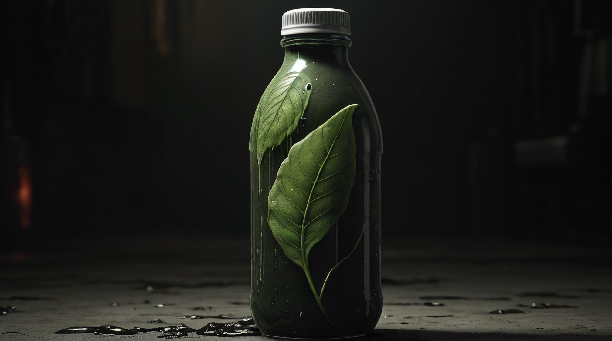 designed by Ben Templesmith and Guido Buzzelli, octane render, medium shot of a sorrel shaped as a Water bottle, Ultrarealistic