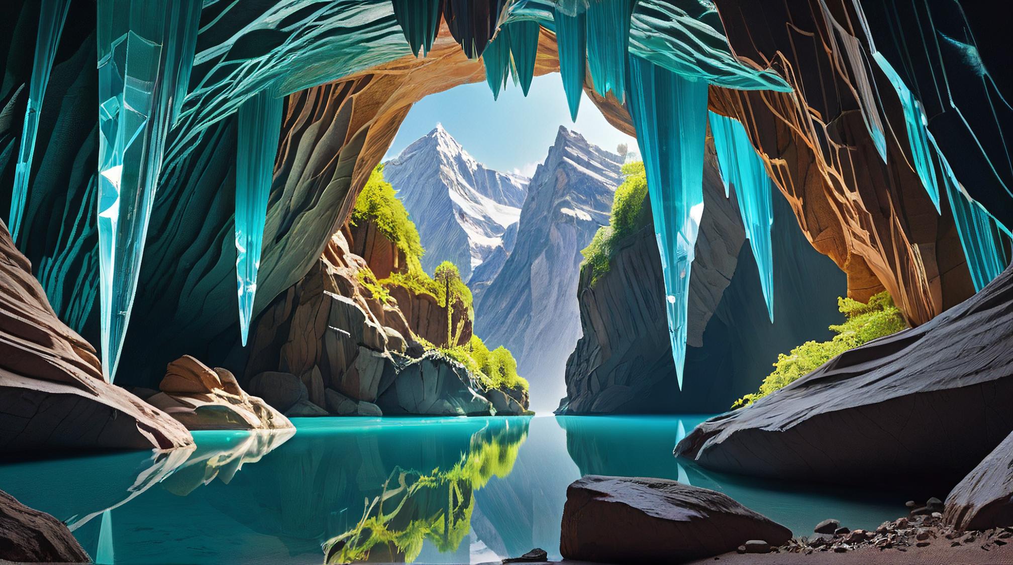 landscape of a Inspirational Canyon Country from inside of a Crystal cave of wishes, Spring, Zen, most beautiful artwork in the world