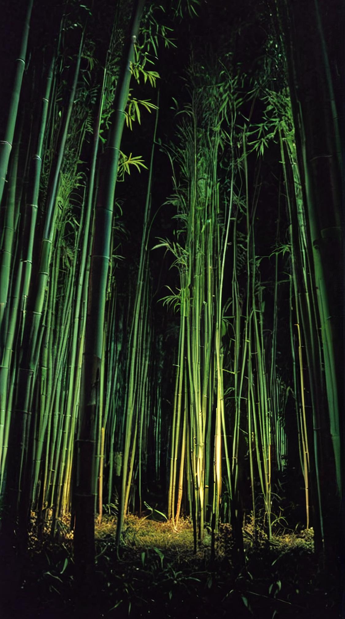 photograph, landscape of a Realistic Bamboo Forest Thermokarst and Bamboo forest, Canterbury Cathedral in background, at Nighttime