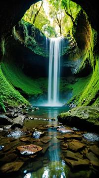 photograph, landscape of a Futuristic Asunci n from inside of a Enchanted waterfall, by Sophie Wilkins , HDR