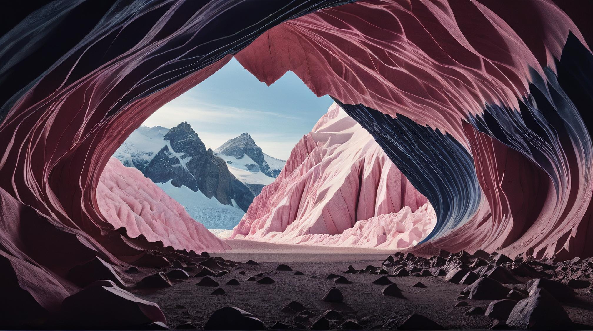 landscape of a Ancient Blush Pink and Navy Glacier from inside of a Caves, by David Sims , Direct light, four colors