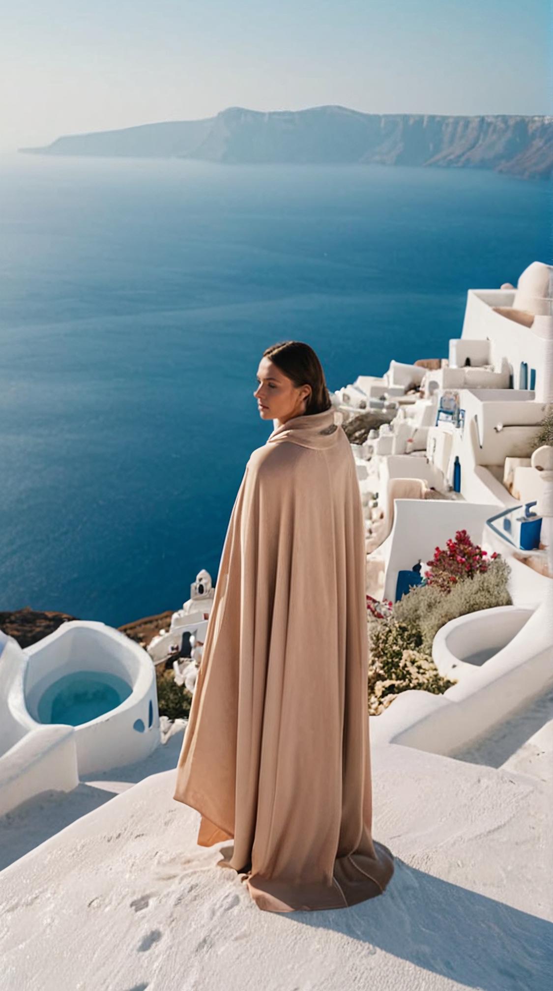 photograph, landscape of a Ethereal Sci fi Santorini and Level Magic cloak, at Masterpiece Relaxing Factory, Snowing