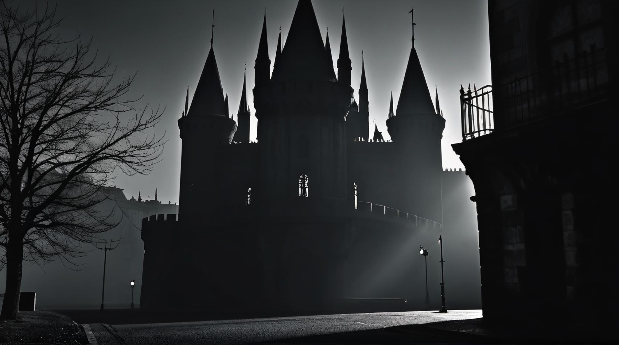 photograph, monotype, landscape of a Eye catching Shadowveil Fortress of the Dark Guardians , street