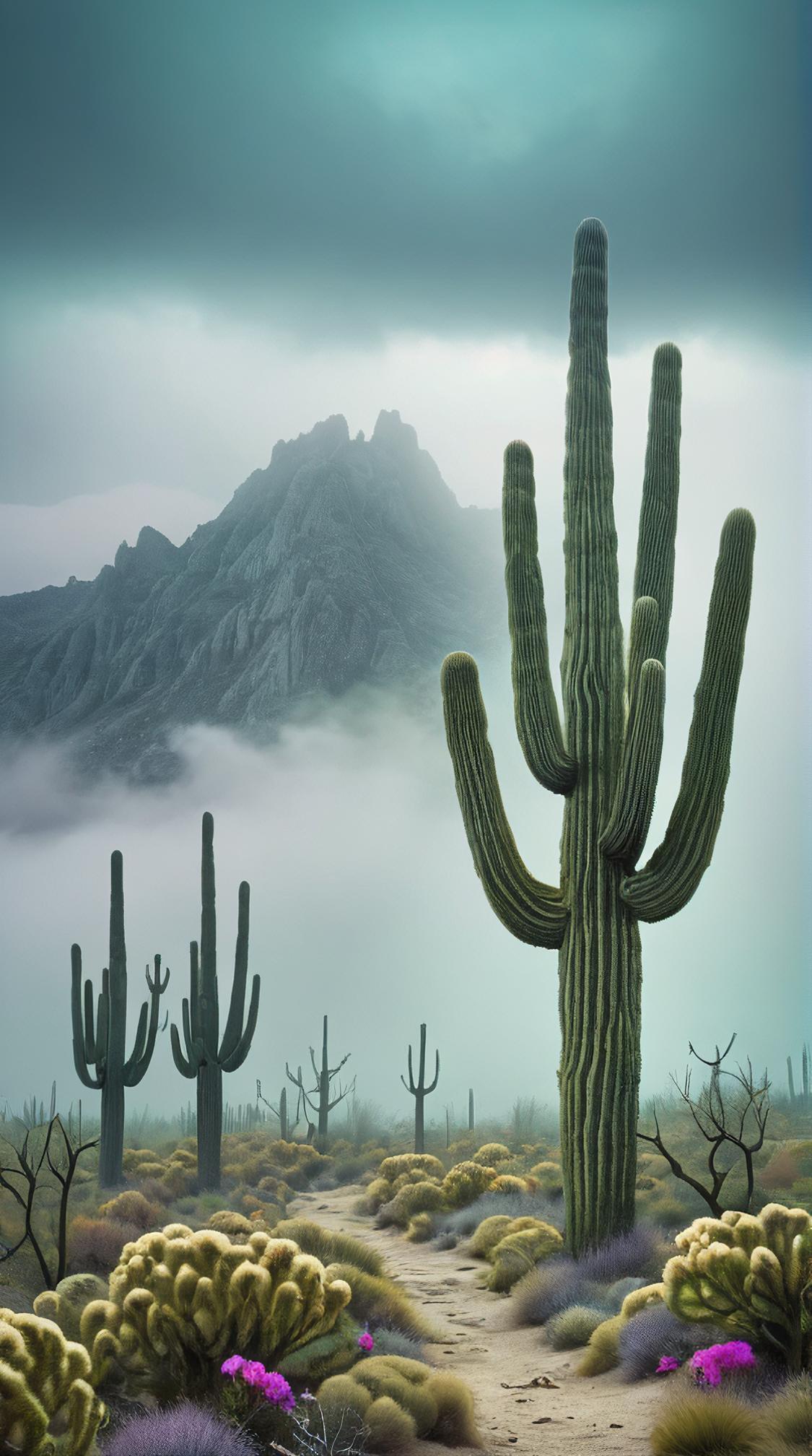 magical realism art designed by Christine Ellger , Oil painting, landscape of a Foggy Saguaro Desert Montane Forest , hyper detailed