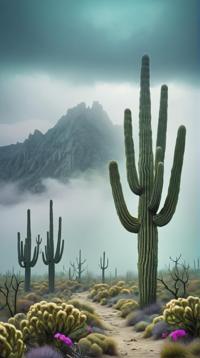 magical realism art designed by Christine Ellger , Oil painting, landscape of a Foggy Saguaro Desert Montane Forest , hyper detailed