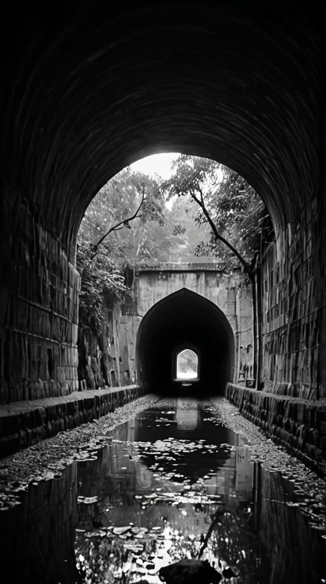 by Ryan Hewett Norman Bluhm , photograph, landscape of a Chitrakoot from inside of a Tunnel, it is Illuminated