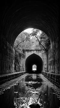 by Ryan Hewett Norman Bluhm , photograph, landscape of a Chitrakoot from inside of a Tunnel, it is Illuminated
