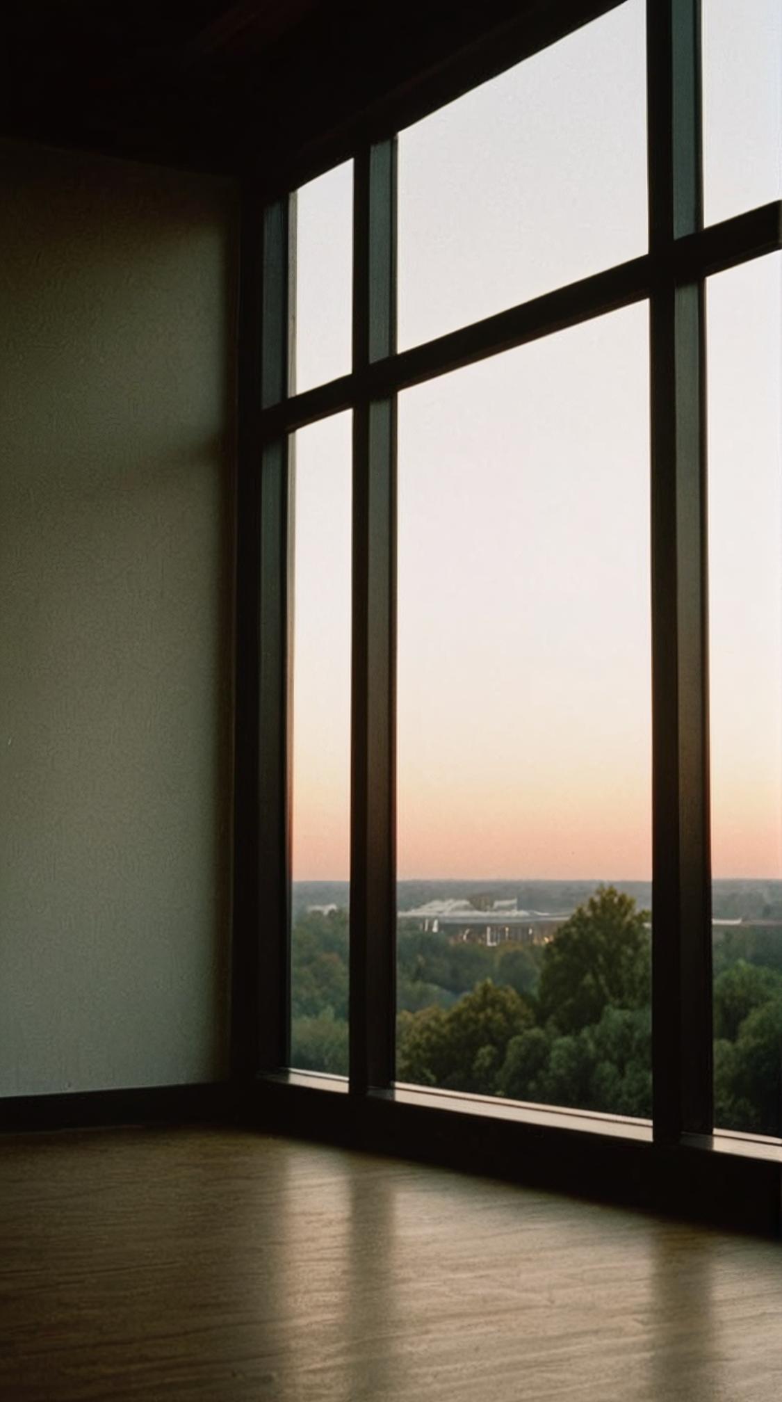 designed by Barnett Newman and Ludwig Fahrenkrog, photograph, landscape of a Scenic Birmingham from inside of a Gymnasium, at Golden hour