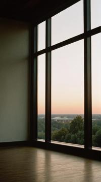 designed by Barnett Newman and Ludwig Fahrenkrog, photograph, landscape of a Scenic Birmingham from inside of a Gymnasium, at Golden hour