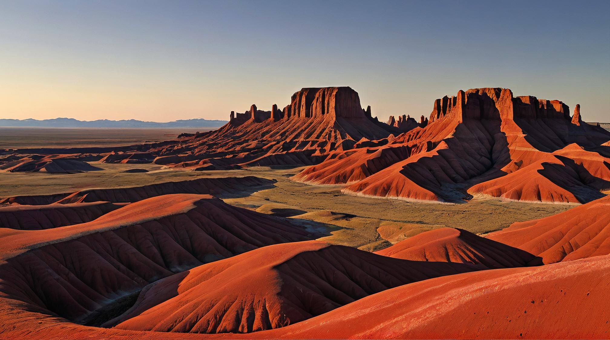 designed by Edward Weston, landscape of a Level Badlands and Red Dwarf, plain background, Clear skies