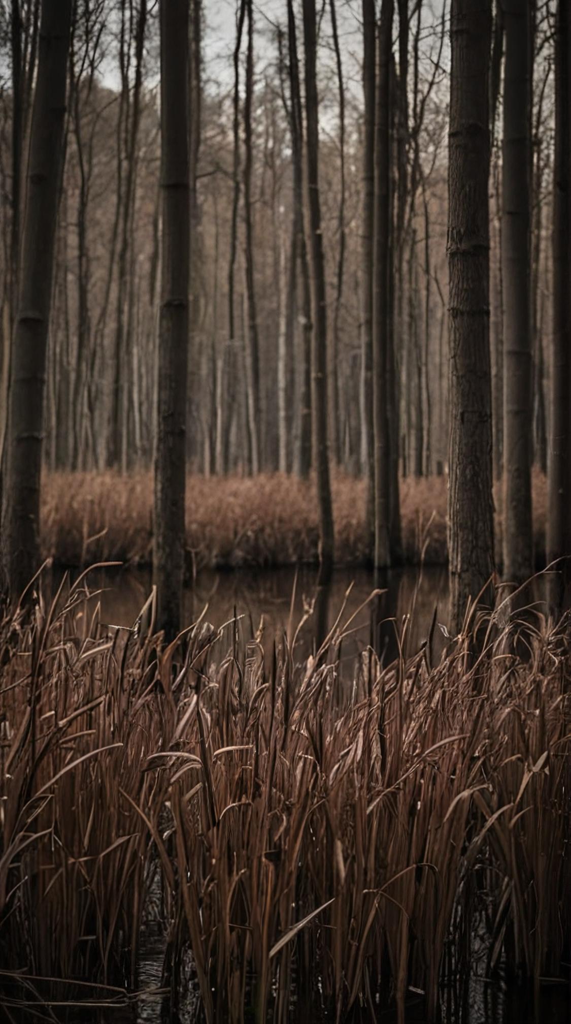 photograph, landscape of a Brown Broadleaf and Mixed Forest Highland , reeds, Horror