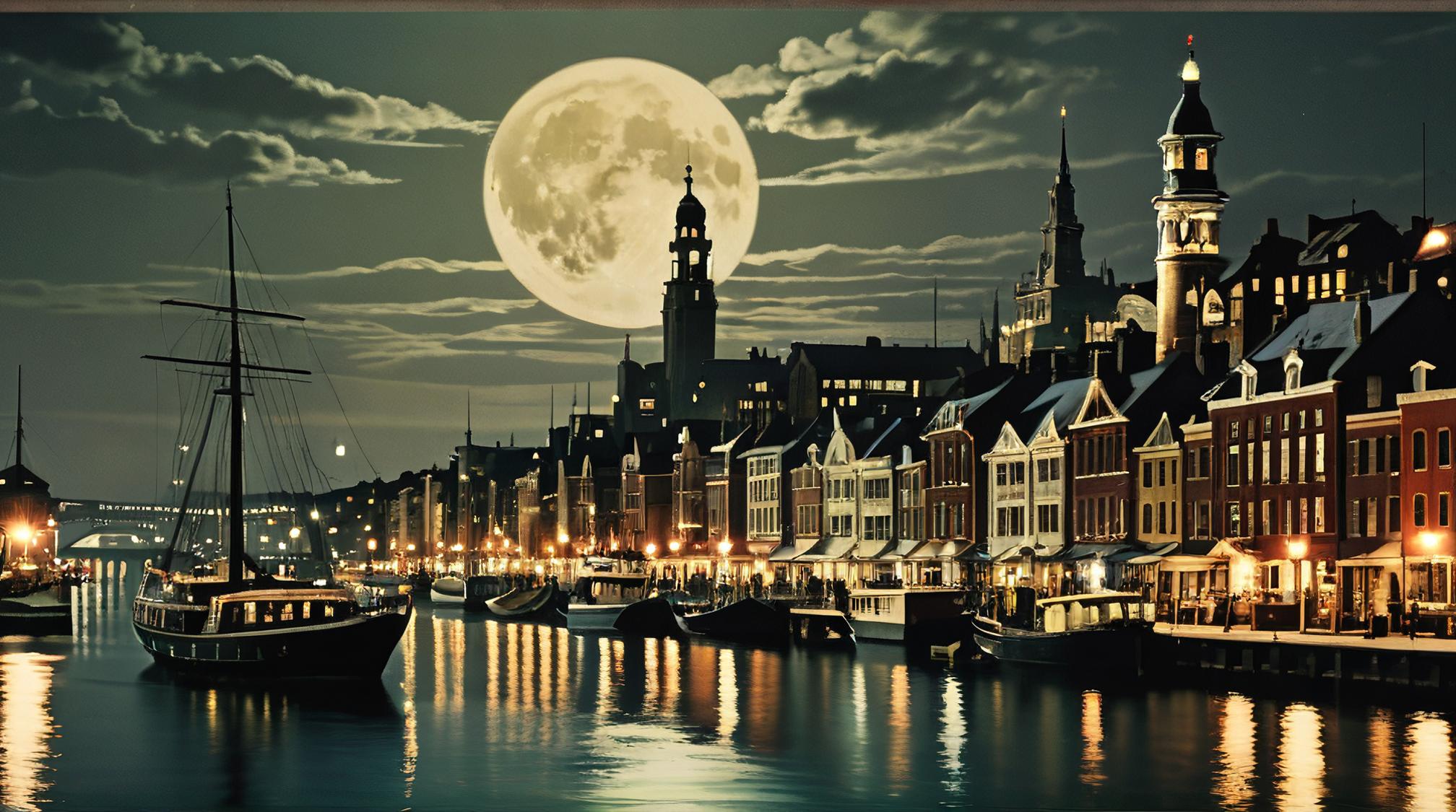 by J C Leyendecker, photograph, landscape of a Dieselpunk Moonlit Harbor Town of the Silver Waves, Interpolation