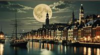 by J C Leyendecker, photograph, landscape of a Dieselpunk Moonlit Harbor Town of the Silver Waves, Interpolation