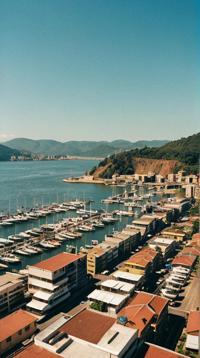 photograph, landscape of a Artistic Porto Alegre from inside of a Marina, crowded mountains, Solarpunk Art