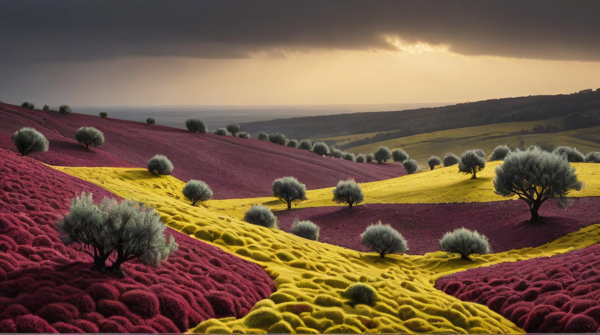 landscape of a Cranberry, Olive and Mustard Plateau, Kinetic Pointillism, F