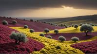 landscape of a Cranberry, Olive and Mustard Plateau, Kinetic Pointillism, F