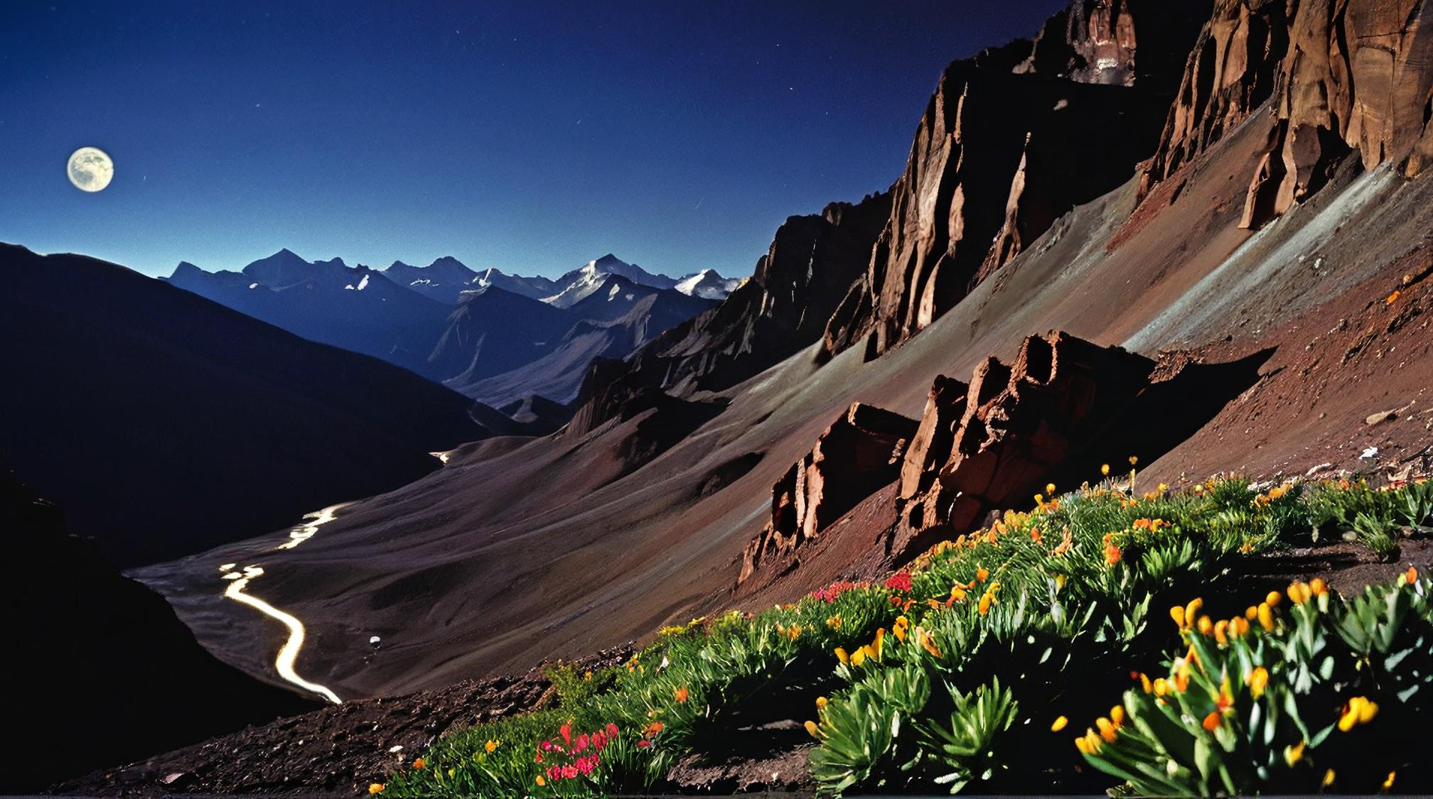 photograph, landscape of a Unappealing Space Ecology Station and Mountain pass, Moon in the night, by Maggie Laubser