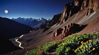 photograph, landscape of a Unappealing Space Ecology Station and Mountain pass, Moon in the night, by Maggie Laubser