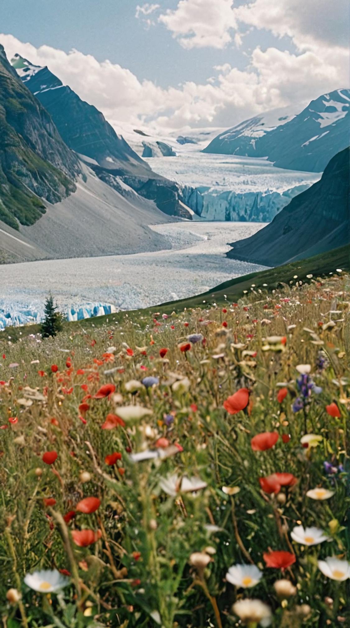 photograph, Anime, landscape of a Great Glacier from inside of a Fields of wildflowers, Refined