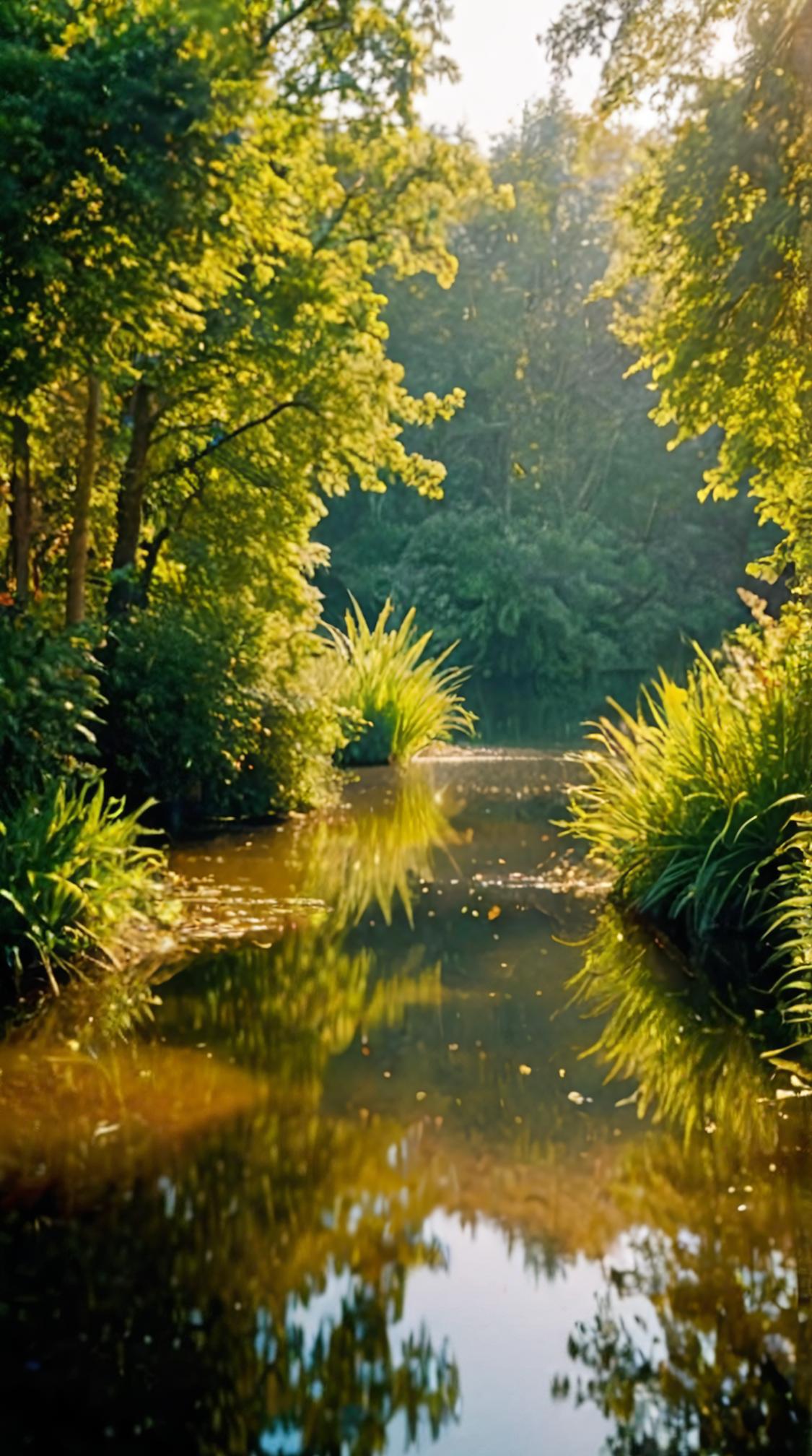photograph, landscape of a Horrid electric orange Holo Garden , pond, Hazy conditions