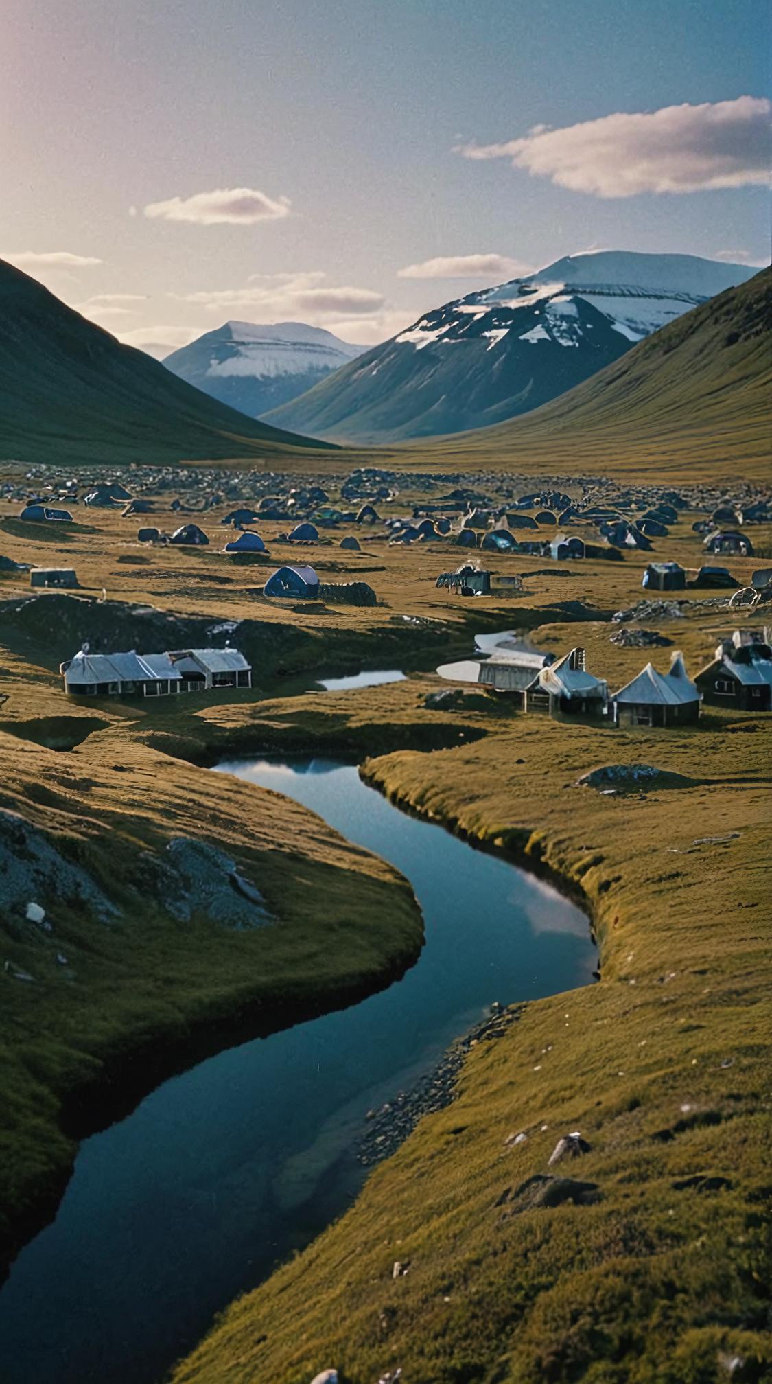 photograph, landscape of a Eclectic Starry Hollow Village of the Celestial Stars Inferno Ridge of the Flame Spirits and Ancient Arctic tundra, Bathed in shadows, Rusticcore