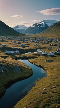 photograph, landscape of a Eclectic Starry Hollow Village of the Celestial Stars Inferno Ridge of the Flame Spirits and Ancient Arctic tundra, Bathed in shadows, Rusticcore