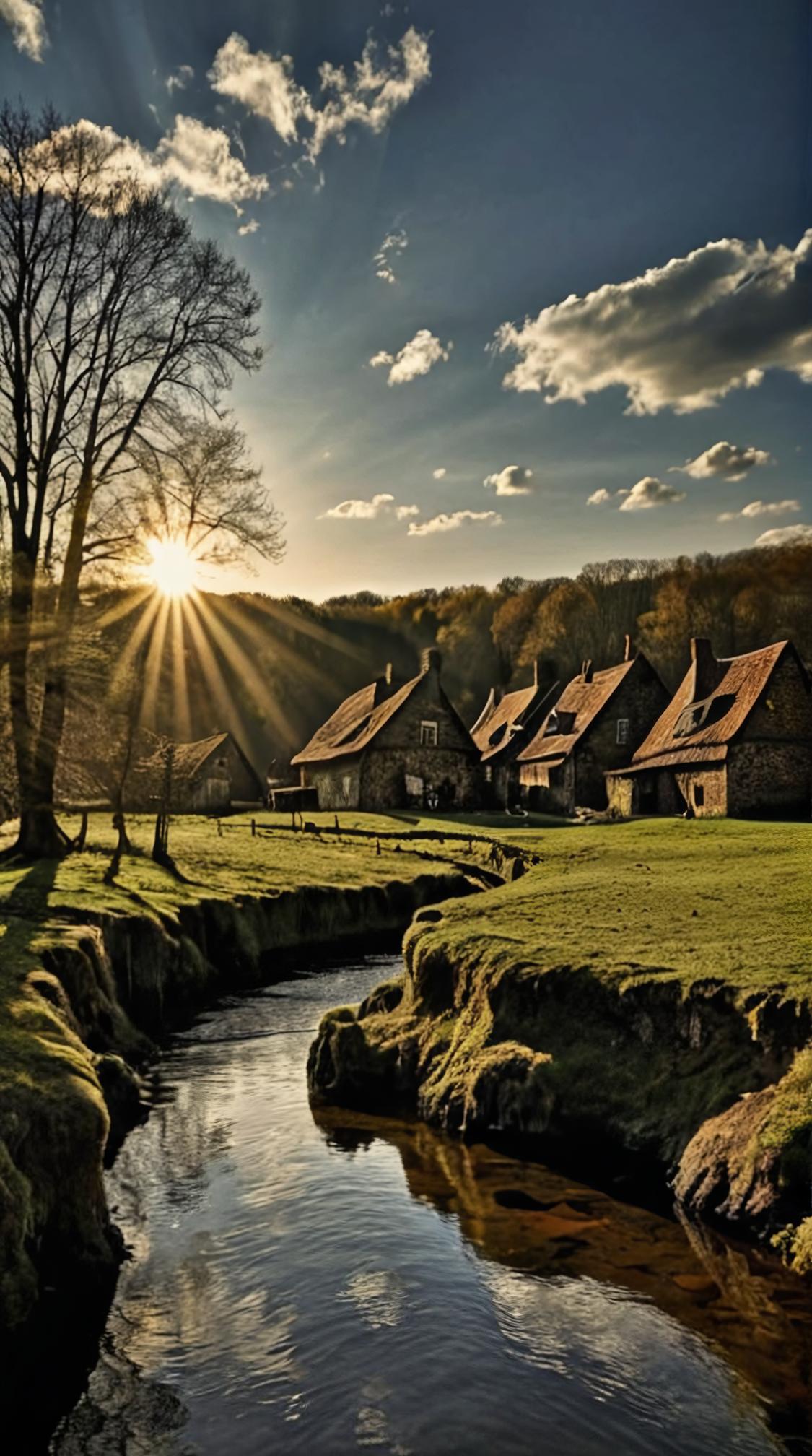 photograph, landscape of a Shadowbrook Hamlet of the Dark Waters, Neat, Sun in the sky