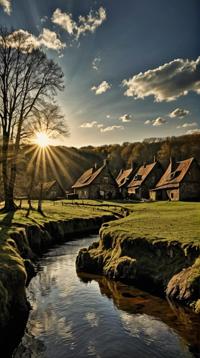 photograph, landscape of a Shadowbrook Hamlet of the Dark Waters, Neat, Sun in the sky