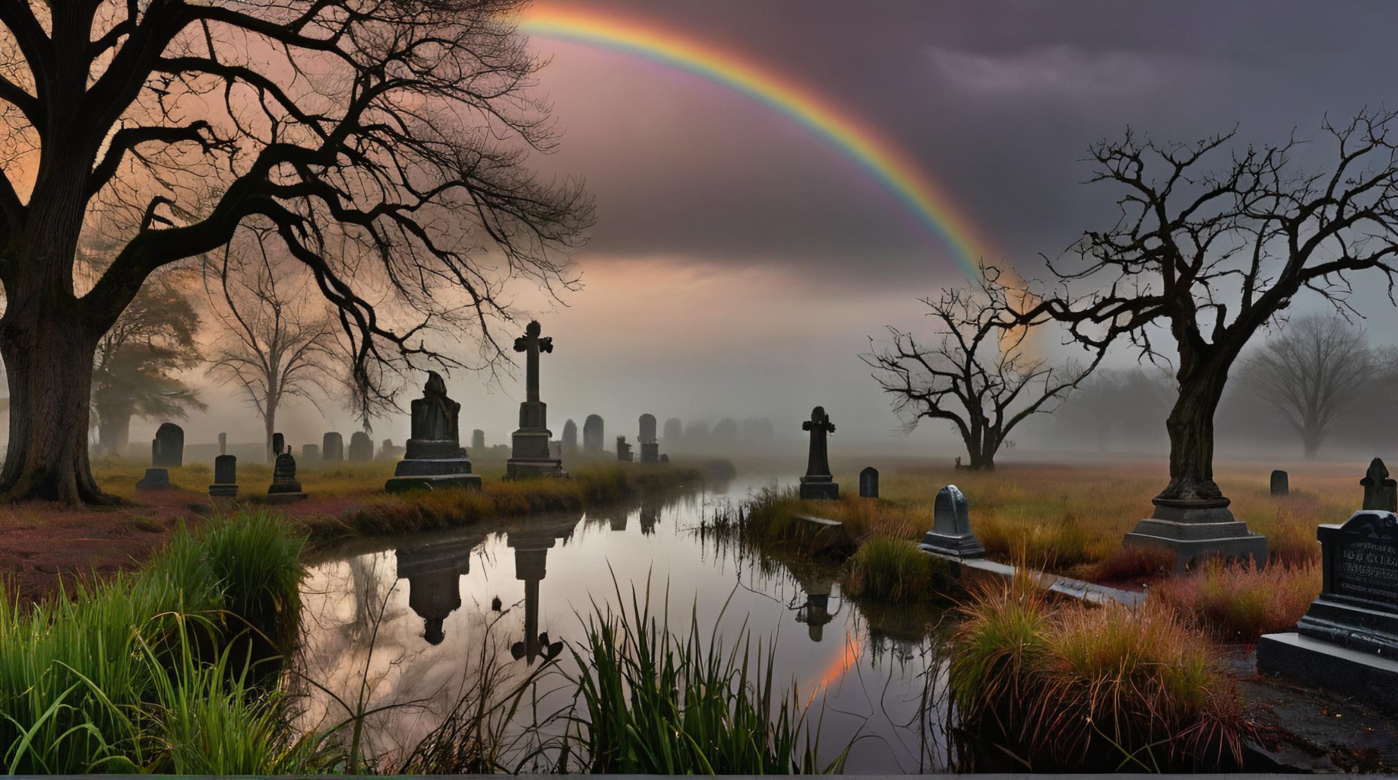 art by Chris Cunningham, intricate background, landscape of a Artistic Wetland and Eerie fog covered cemetery, Classical Realism
