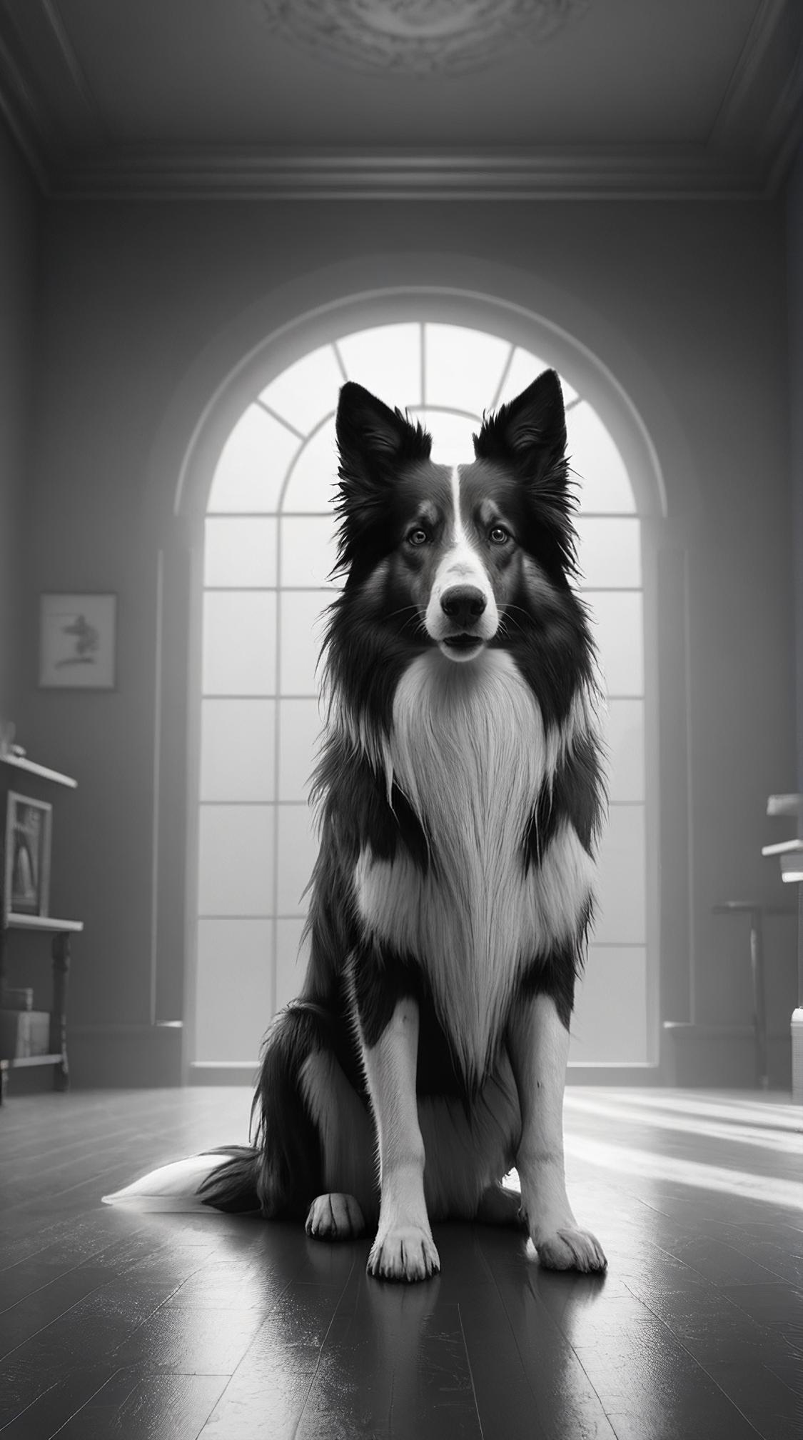 rendered in vray, Concept art of a Collie , Rwandan indoors, Foggy