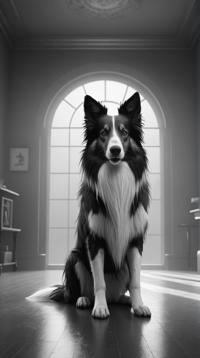 rendered in vray, Concept art of a Collie , Rwandan indoors, Foggy