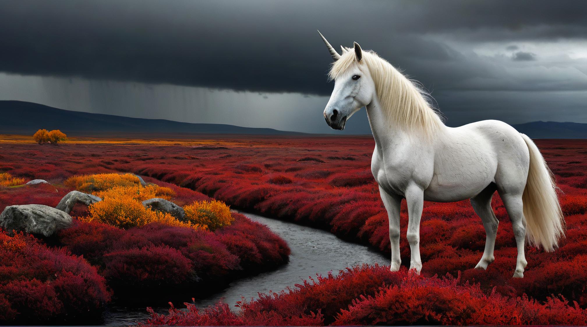 art by Steven Meisel, landscape of a Tundra and Unicorn meadow, Fall, Horror
