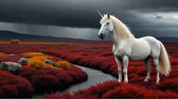 art by Steven Meisel, landscape of a Tundra and Unicorn meadow, Fall, Horror