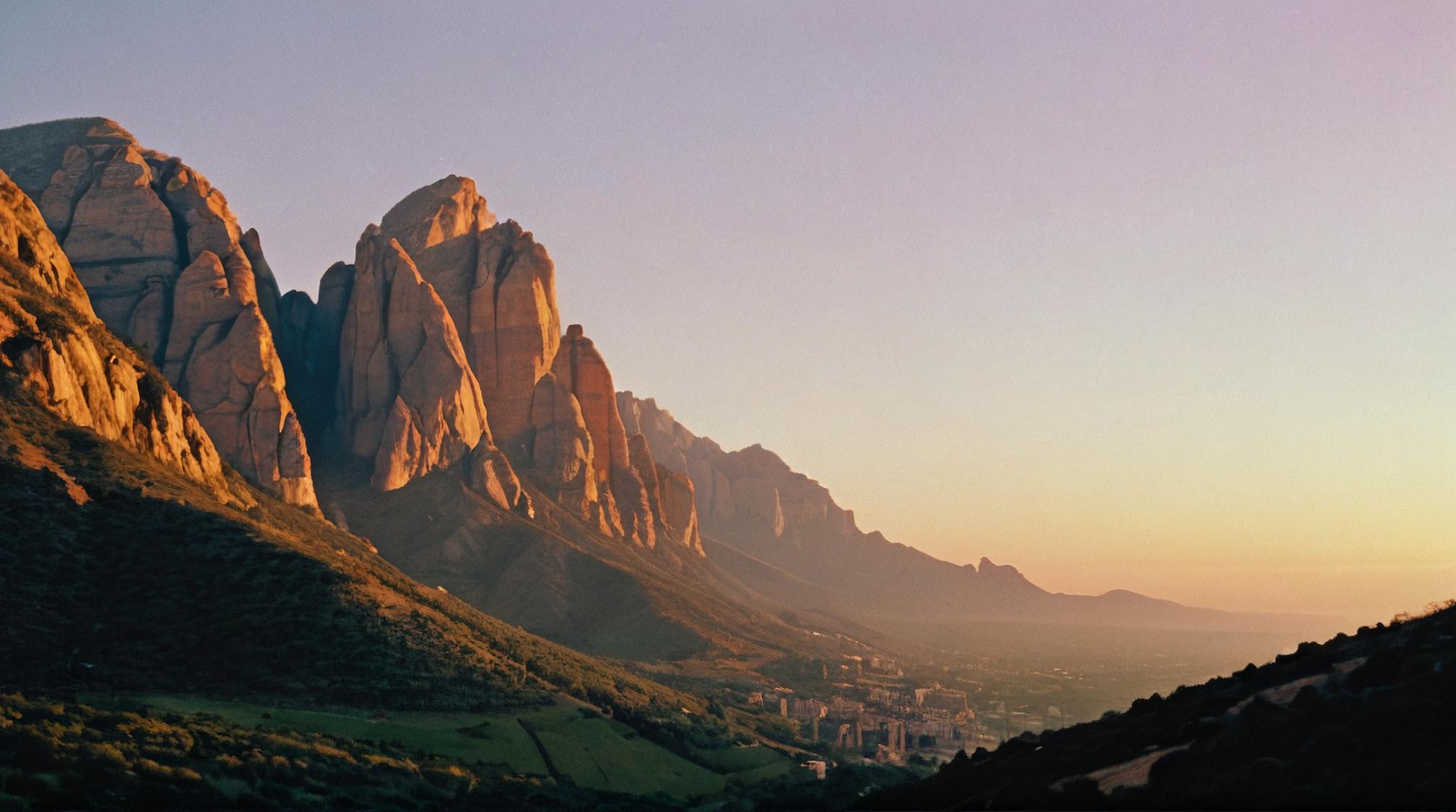 photograph, landscape of a Montserrat, at Sunrise, Visual novel
