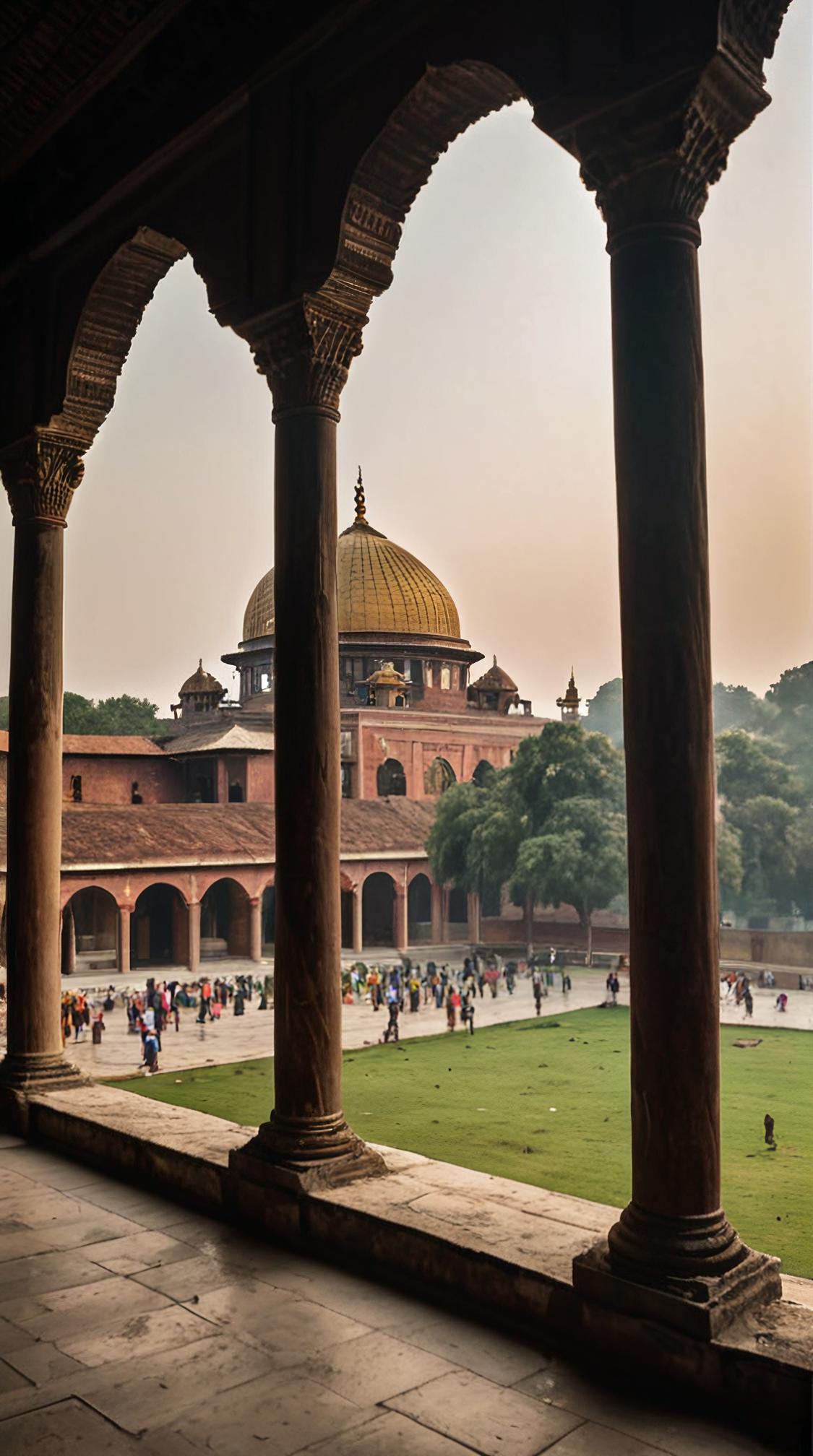 photograph, landscape of a S Dusty Lumbini from inside of a Hagia Sophia, street, at Sunset