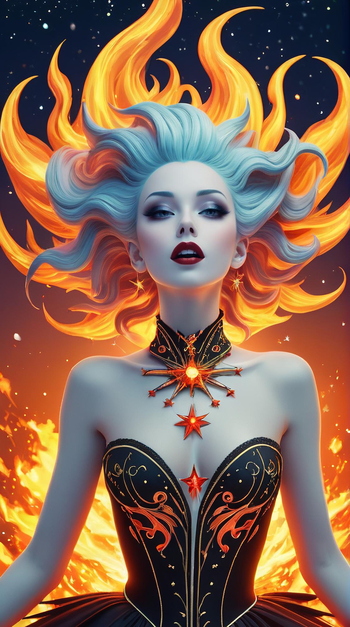 digital art by Natalie Shau , character art, body shot of a Dumb Stars ignite the night, celestial flames dancing across the heavens