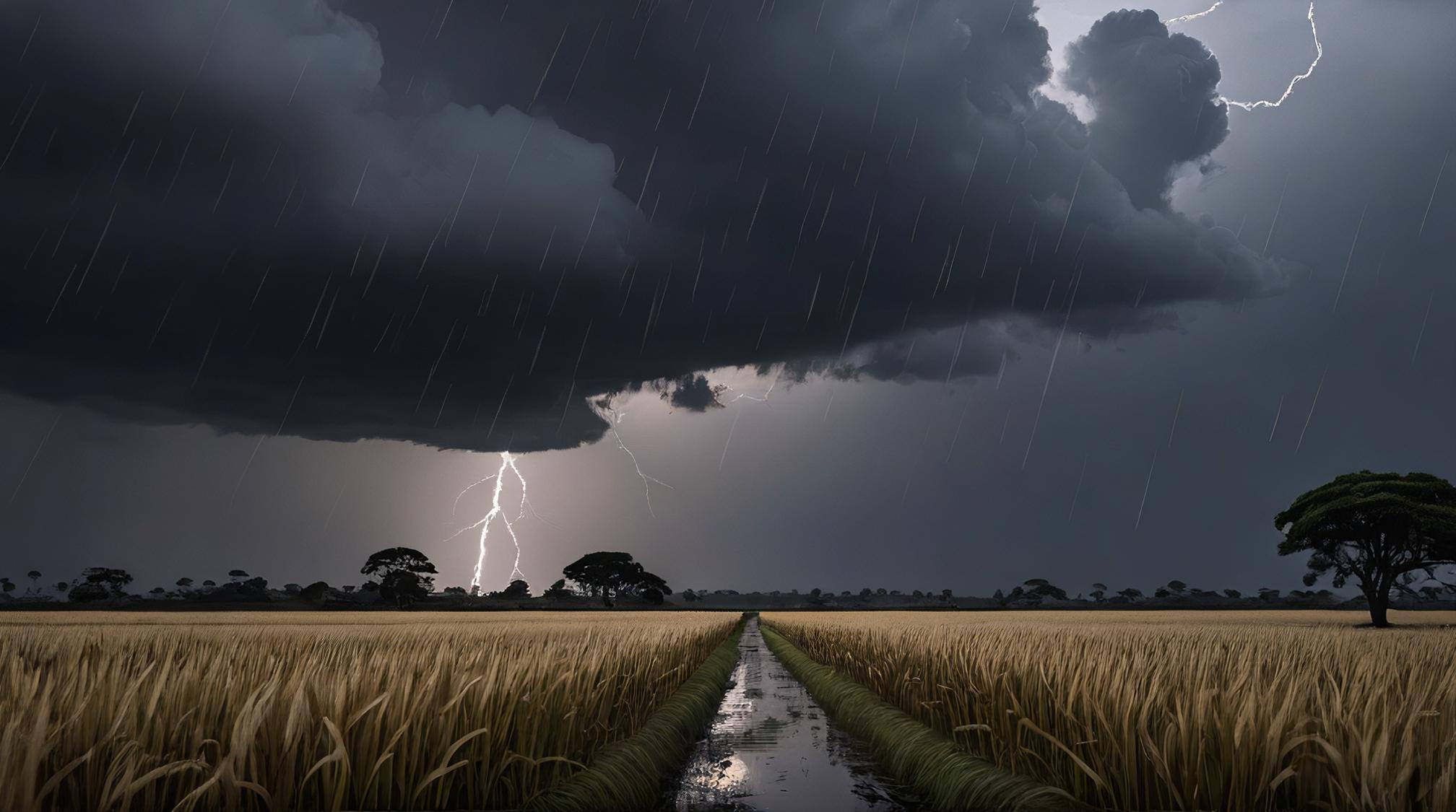 landscape of a Plain Pampas, Raining, Ultrarealistic, Dark