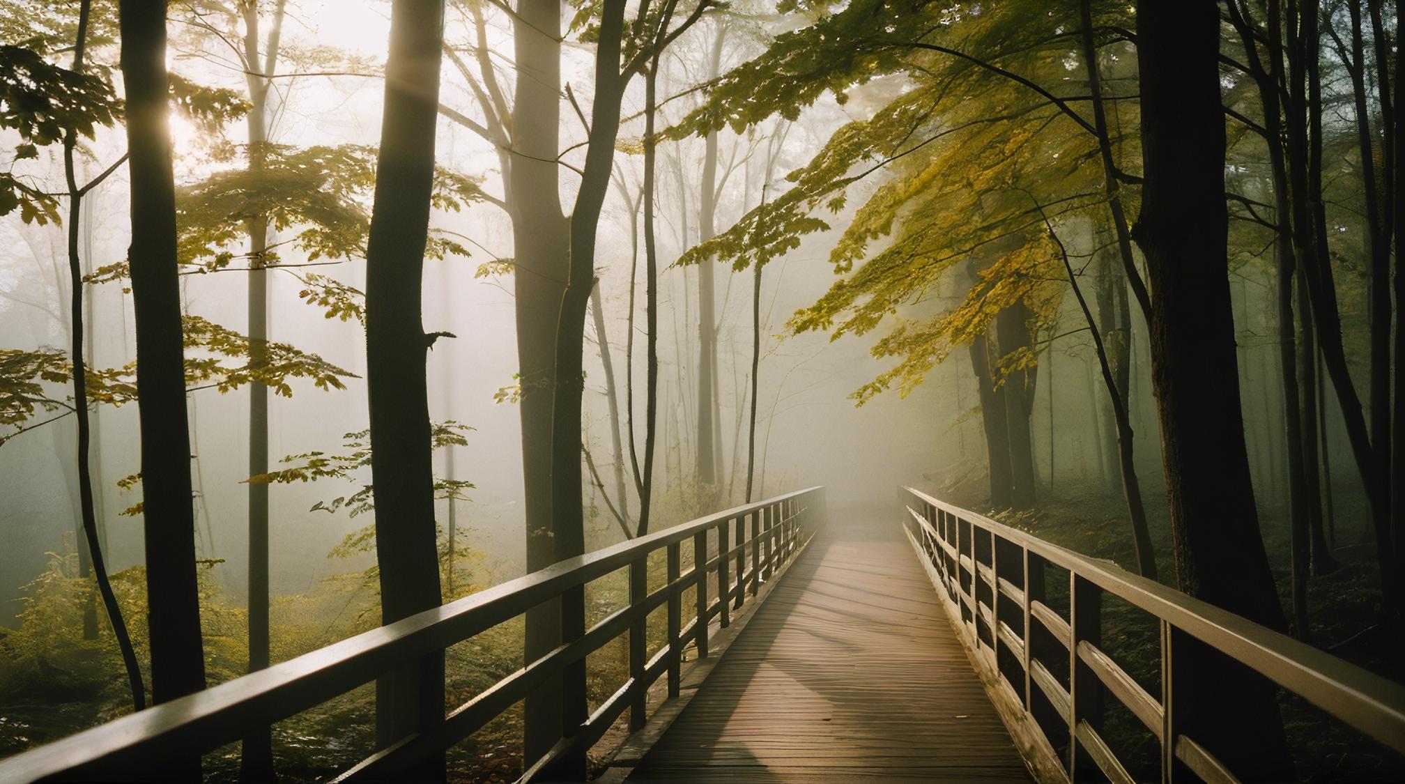 photograph, landscape of a Broadleaf and Mixed Forest, very Foggy, inside a Pedestrian bridge