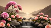 octane render, landscape adorned with Roses, Chrysanthemum, River stone and Fungus